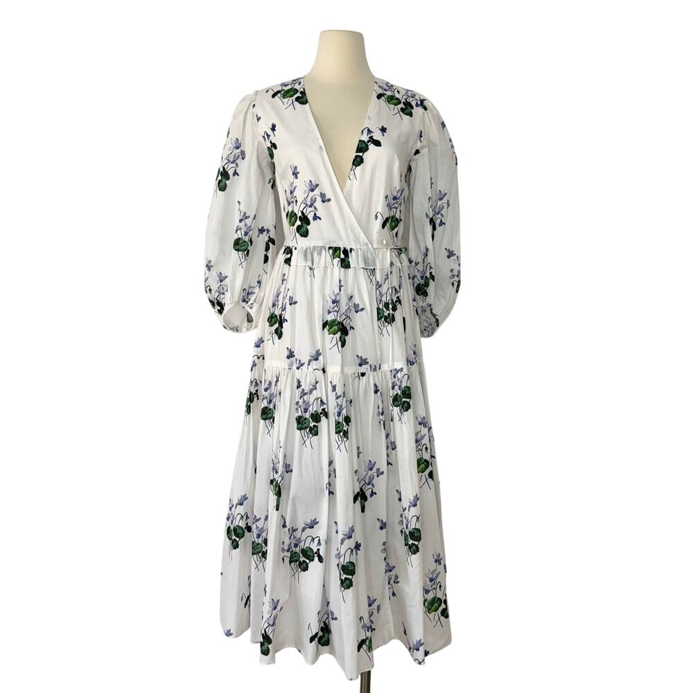 Les Reveries Wrap-Effect Maxi Dress Cotton Voile Floral Long Sleeves White Sz 2